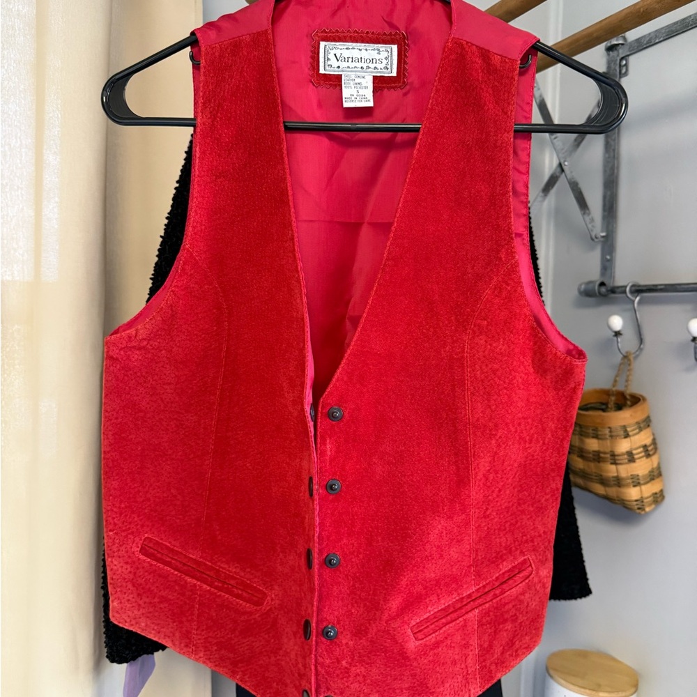 Red Genuine Leather Shell Velvet Vest by Variations